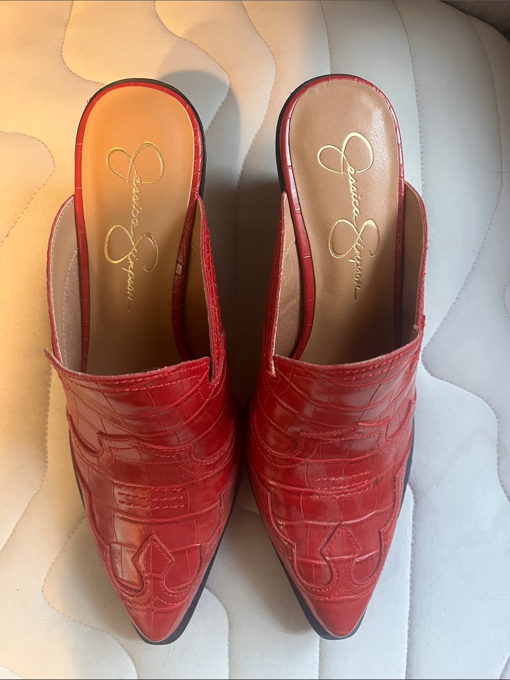 Jessica Simpson Red Croc-Embossed Pointed Mule Heels